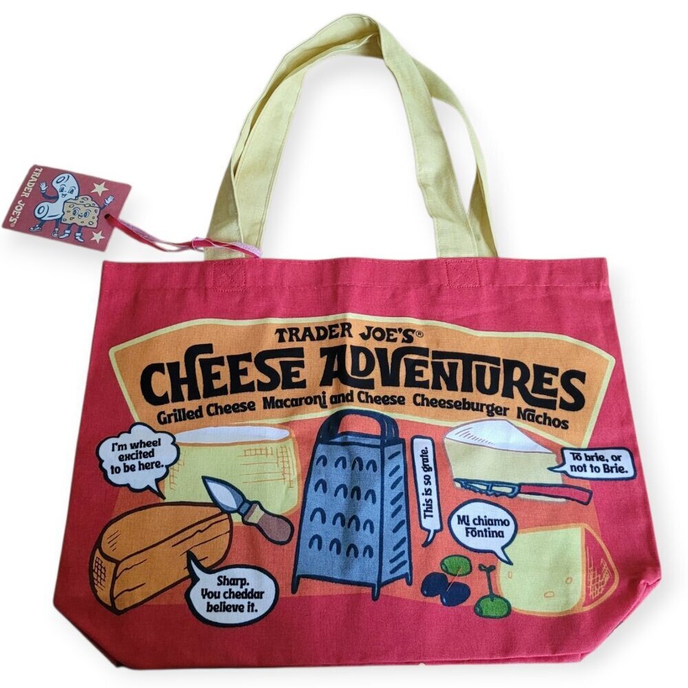 Trader Joes Cheese Adventures Cotton Tote Bag Red Yellow Handles NWT Reusable